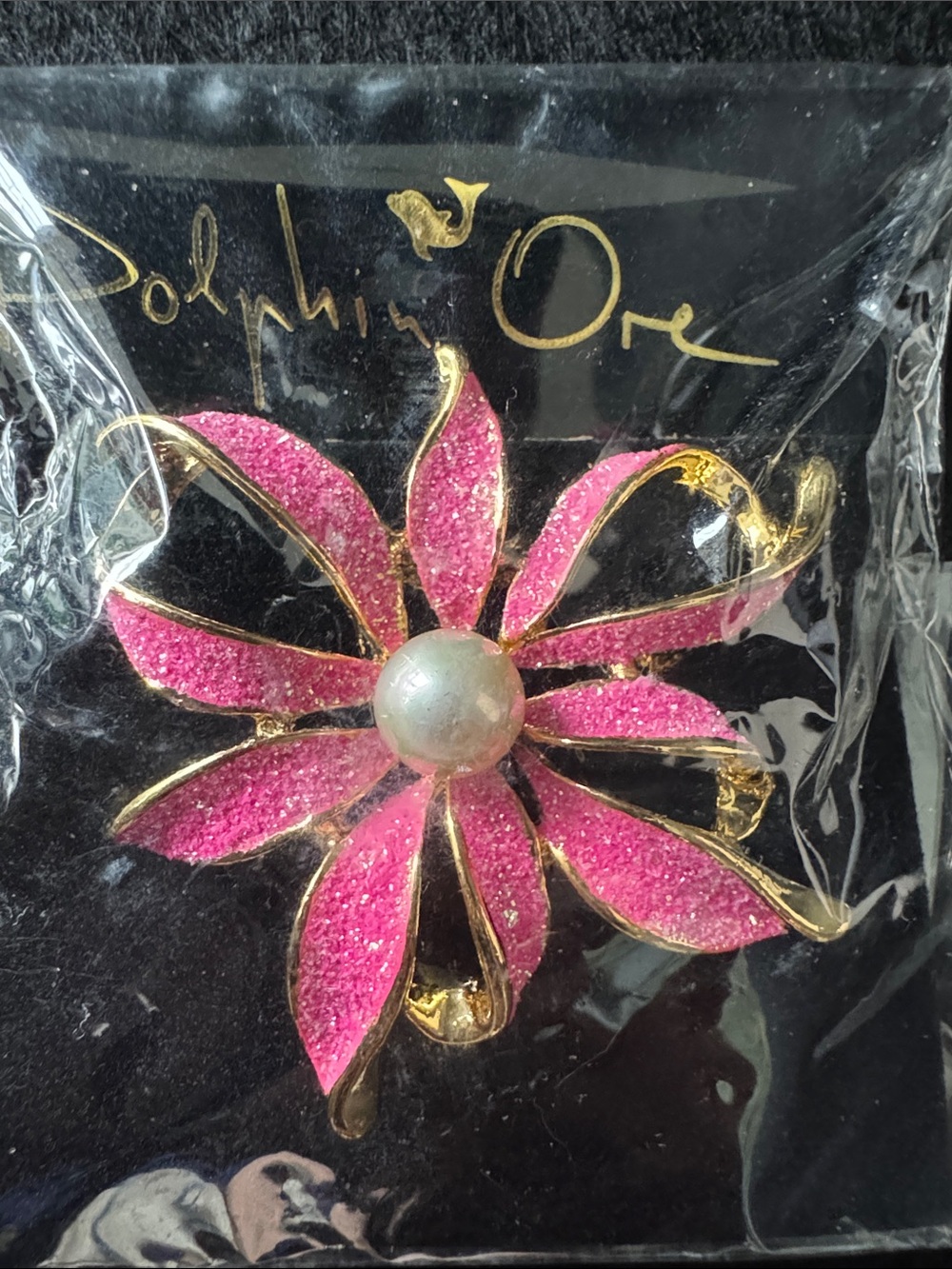 VTG Dolphin Ore Pink Glitter Enamel Flower Brooch Faux Pearl Center 18K HGE